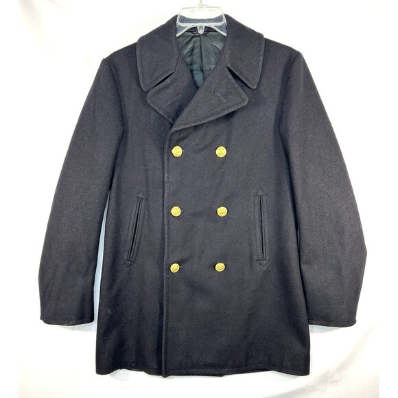Vintage US Navy Wool Overcoat Pea Coat Black Military USA Sz 38 L - Picture 1 of 9